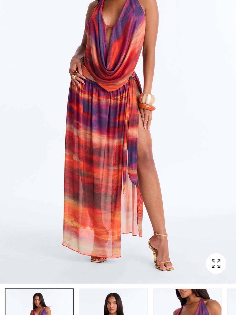Set Flowing Multicolor Halter Maxi Skirt - Vibrant Orange-Purple
